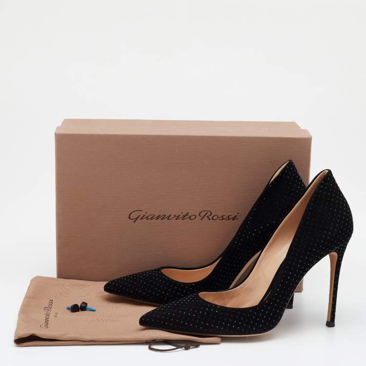 Pre Owned Gianvito Rossi Black Suede Crystal Embellished Pointed Toe Pumps Size 39.5
