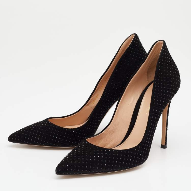 Pre Owned Gianvito Rossi Black Suede Crystal Embellished Pointed Toe Pumps Size 39.5