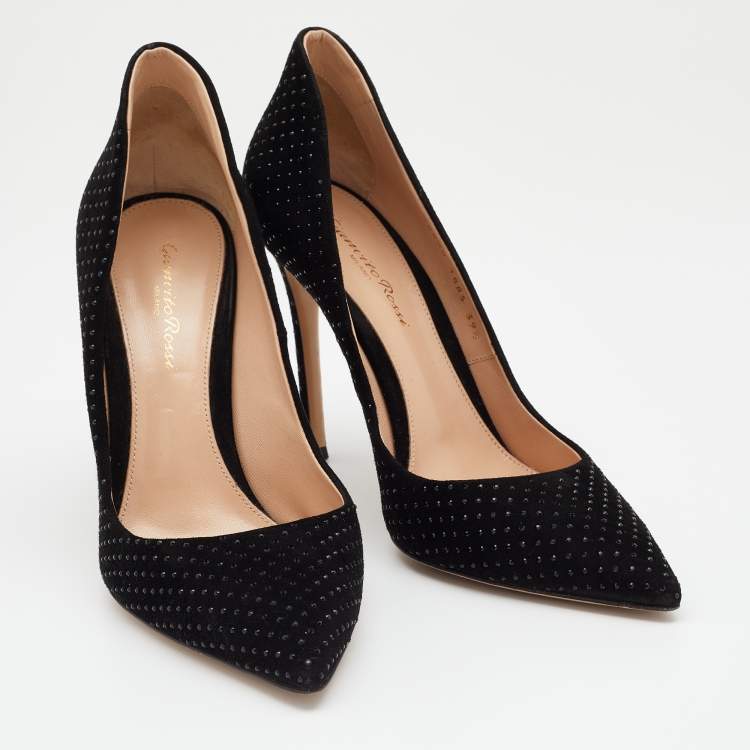 Pre Owned Gianvito Rossi Black Suede Crystal Embellished Pointed Toe Pumps Size 39.5