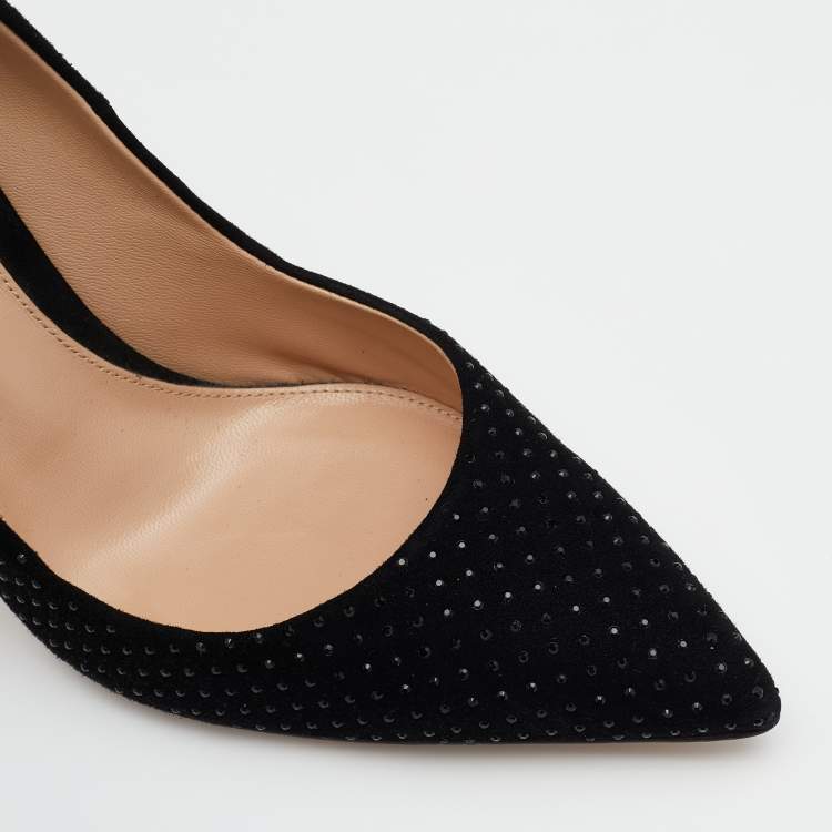 Pre Owned Gianvito Rossi Black Suede Crystal Embellished Pointed Toe Pumps Size 39.5