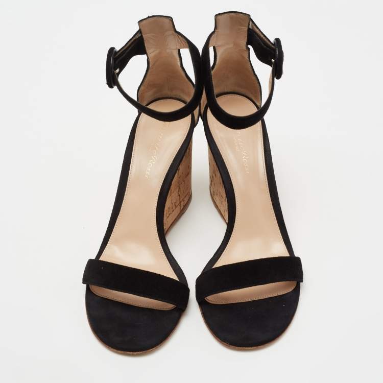 Pre Owned Gianvito Rossi Black Suede Cork Wedge Platform Ankle-Strap Sandals Size 37.5 