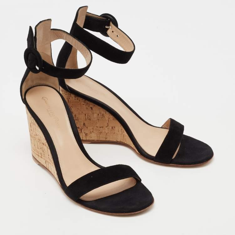 Pre Owned Gianvito Rossi Black Suede Cork Wedge Platform Ankle-Strap Sandals Size 37.5 