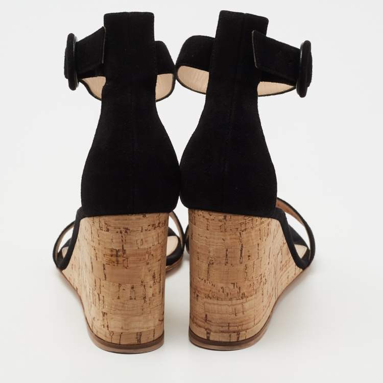 Pre Owned Gianvito Rossi Black Suede Cork Wedge Platform Ankle-Strap Sandals Size 37.5 