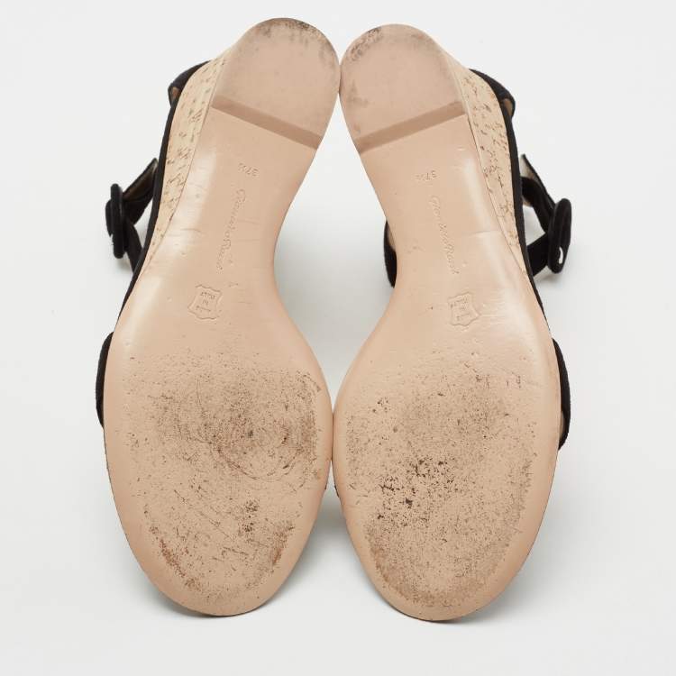 Pre Owned Gianvito Rossi Black Suede Cork Wedge Platform Ankle-Strap Sandals Size 37.5 