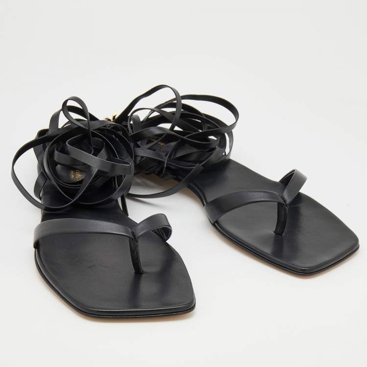 Pre Owned Gianvito Rossi Black Leather Lace-Up Gladiator Flat Sandals Size 38.5