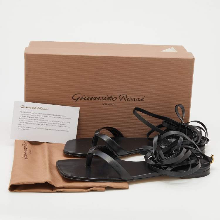 Pre Owned Gianvito Rossi Black Leather Lace-Up Gladiator Flat Sandals Size 38.5