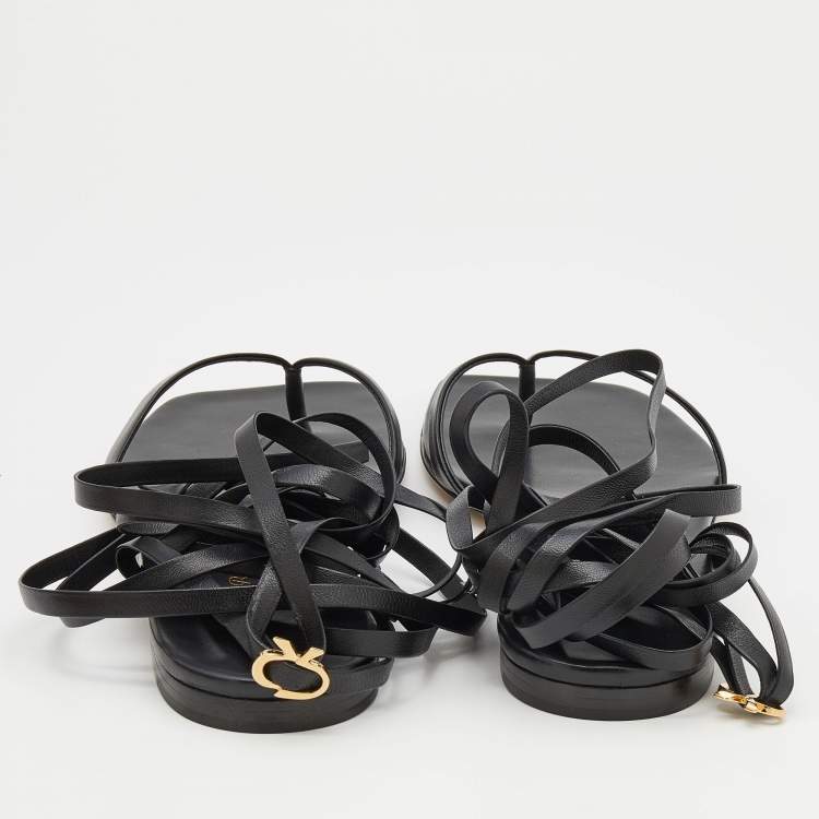 Pre Owned Gianvito Rossi Black Leather Lace-Up Gladiator Flat Sandals Size 38.5