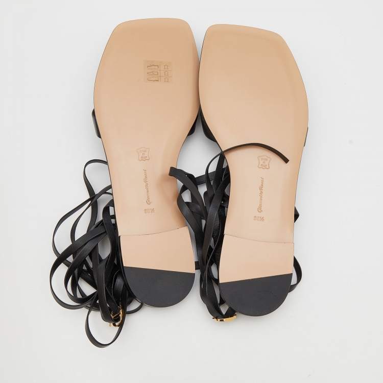 Pre Owned Gianvito Rossi Black Leather Lace-Up Gladiator Flat Sandals Size 38.5