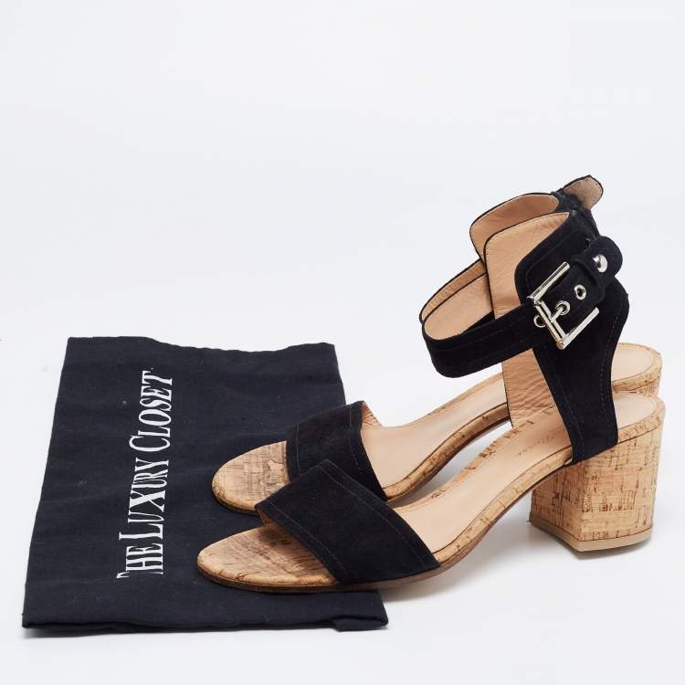 Pre Owned Gianvito Rossi Black Suede Ankle Strap Cork Heel Sandals Size 38  