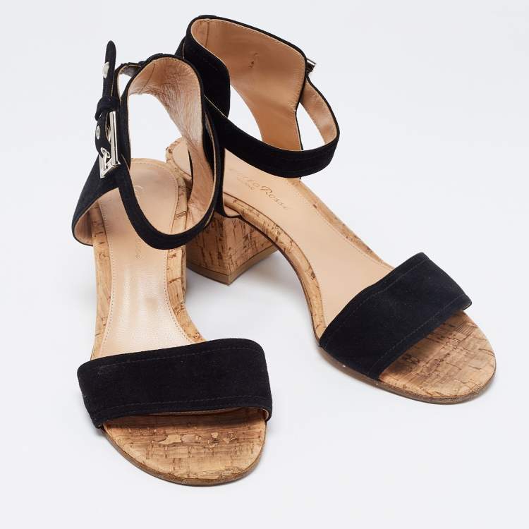 Pre Owned Gianvito Rossi Black Suede Ankle Strap Cork Heel Sandals Size 38  