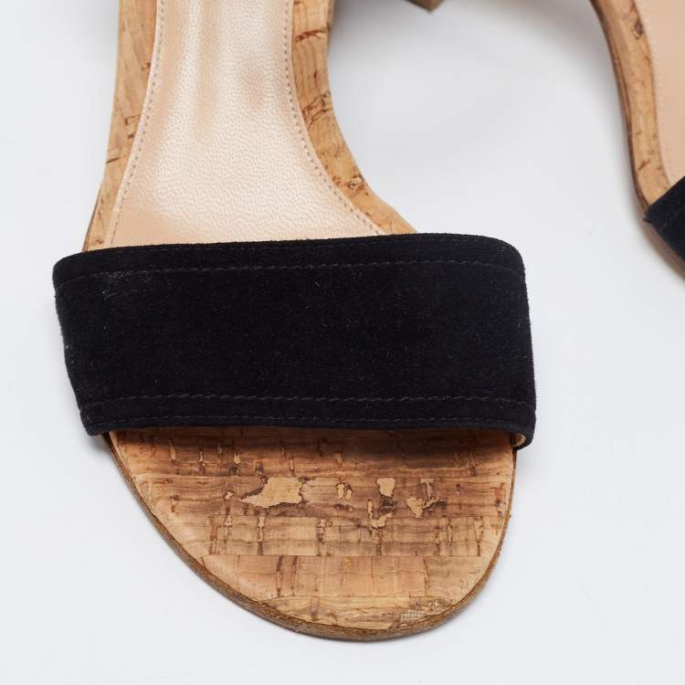 Pre Owned Gianvito Rossi Black Suede Ankle Strap Cork Heel Sandals Size 38  