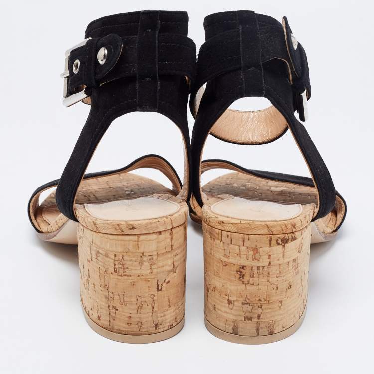Pre Owned Gianvito Rossi Black Suede Ankle Strap Cork Heel Sandals Size 38  