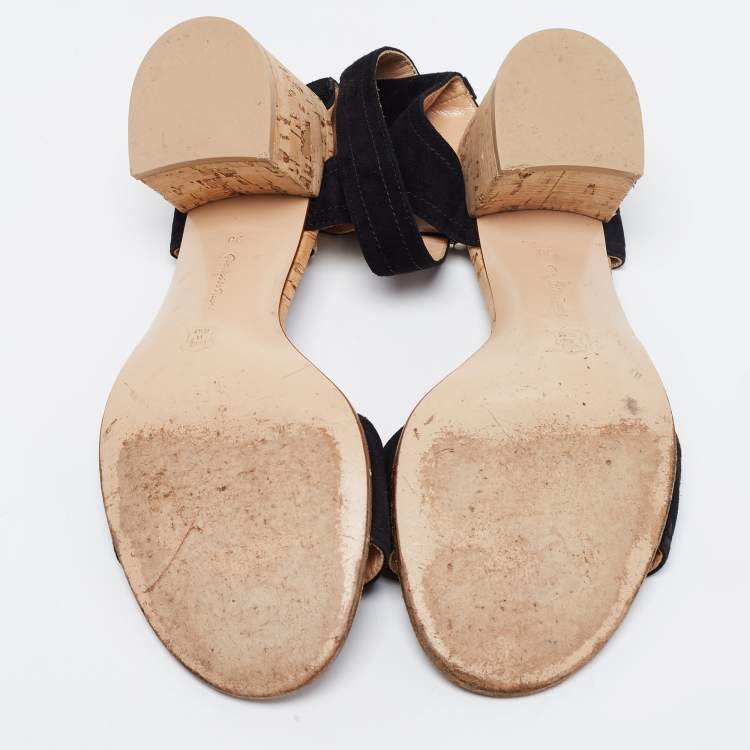 Pre Owned Gianvito Rossi Black Suede Ankle Strap Cork Heel Sandals Size 38  