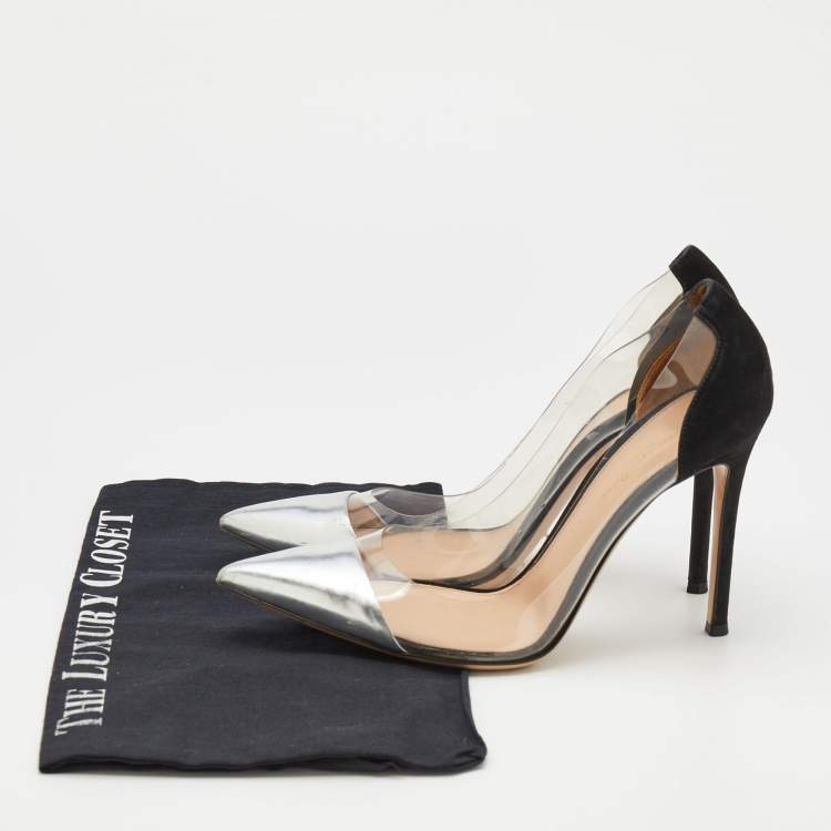 Pre Owned Gianvito Rossi Black/Silver Leather, Suede and PVC Plexi Pointed Toe Pumps Size 38.5