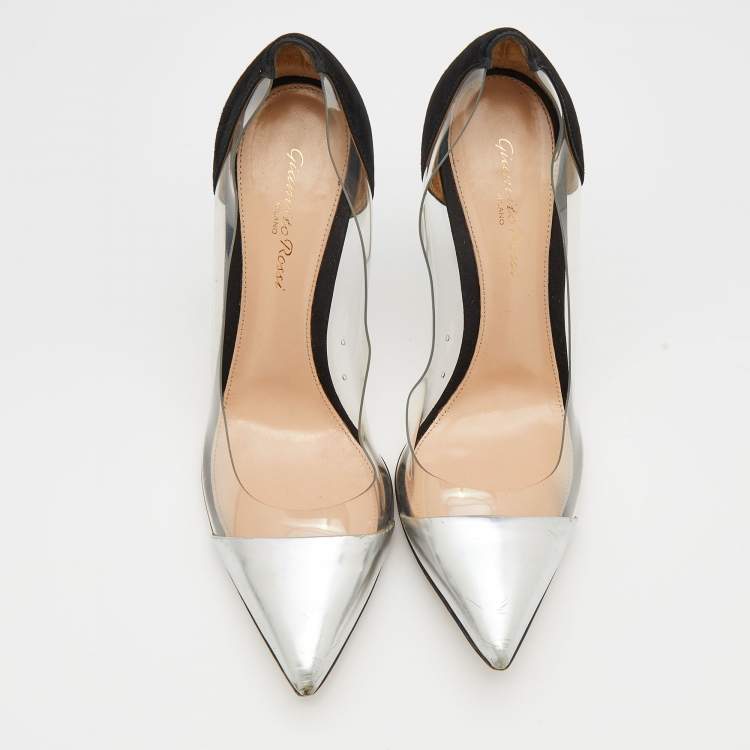 Pre Owned Gianvito Rossi Black/Silver Leather, Suede and PVC Plexi Pointed Toe Pumps Size 38.5