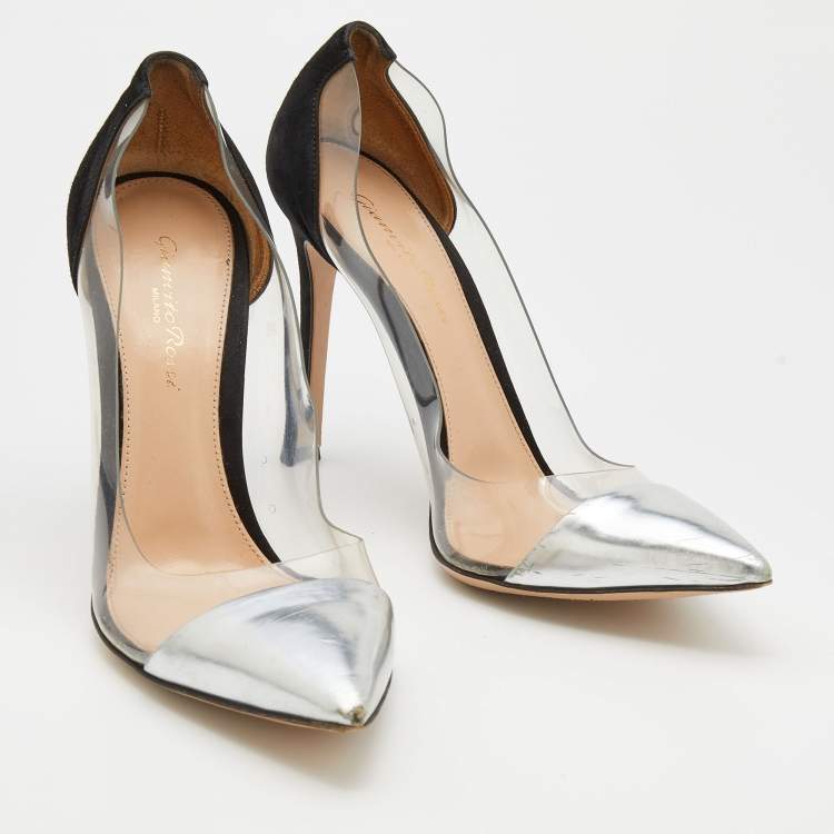 Pre Owned Gianvito Rossi Black/Silver Leather, Suede and PVC Plexi Pointed Toe Pumps Size 38.5