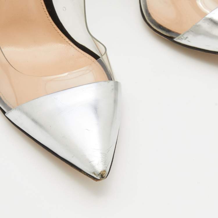 Pre Owned Gianvito Rossi Black/Silver Leather, Suede and PVC Plexi Pointed Toe Pumps Size 38.5