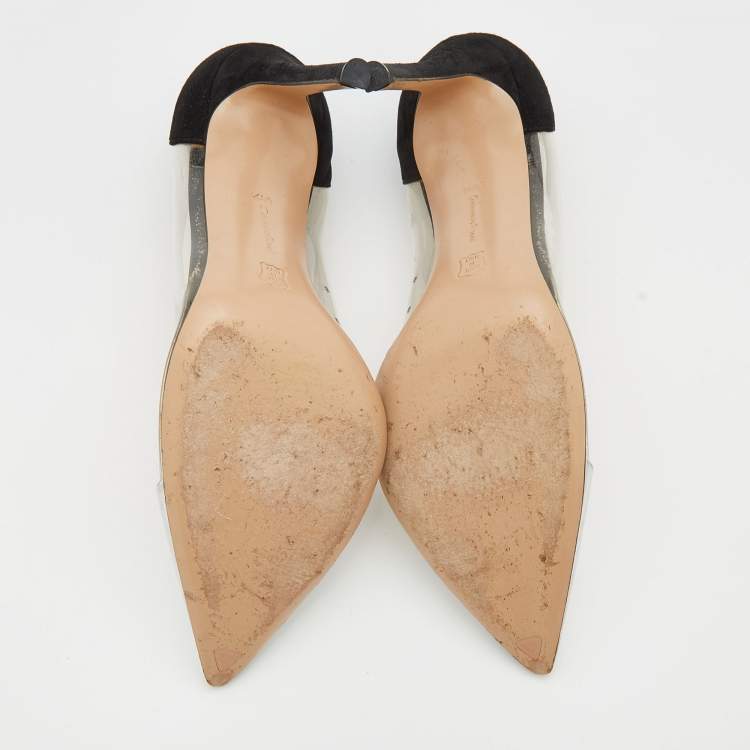 Pre Owned Gianvito Rossi Black/Silver Leather, Suede and PVC Plexi Pointed Toe Pumps Size 38.5