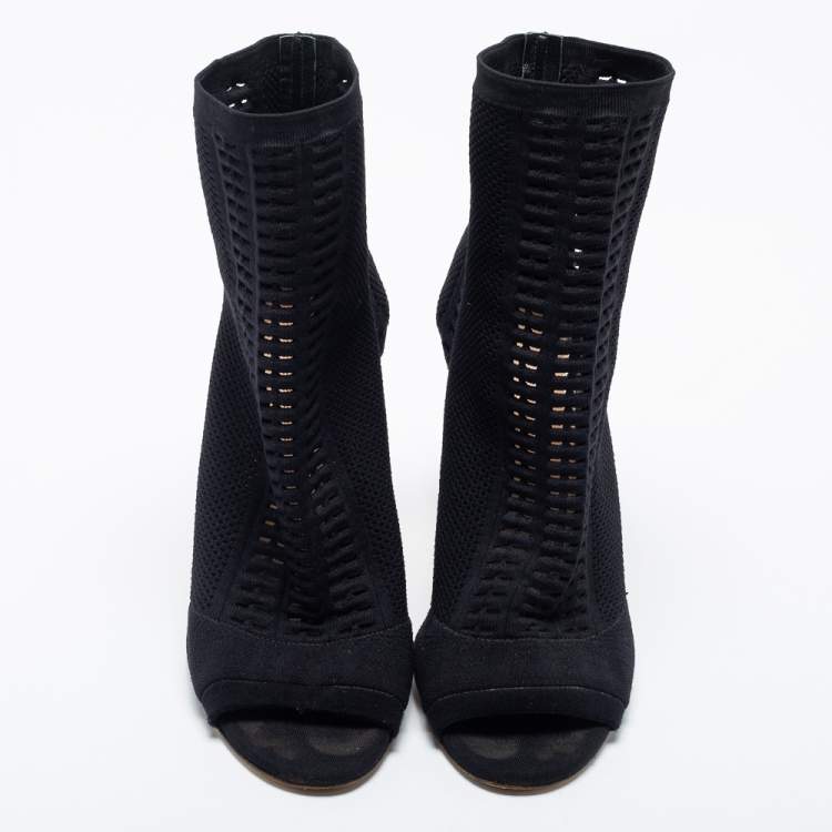 Pre Owned Gianvito Rossi Black Knit Fabric Open Toe Booties Size 37