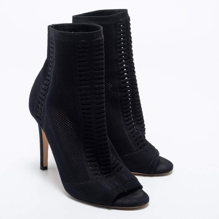 Pre Owned Gianvito Rossi Black Knit Fabric Open Toe Booties Size 37