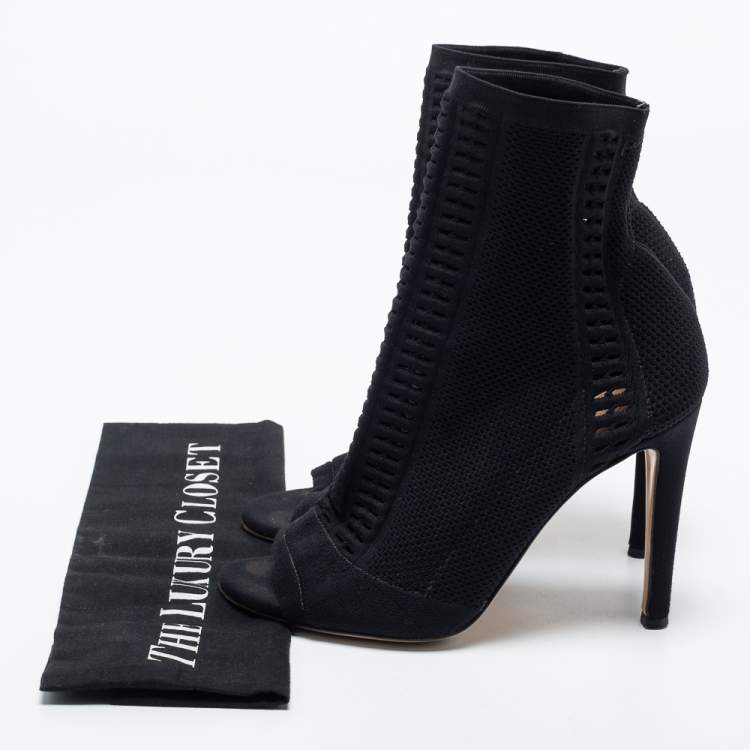 Pre Owned Gianvito Rossi Black Knit Fabric Open Toe Booties Size 37