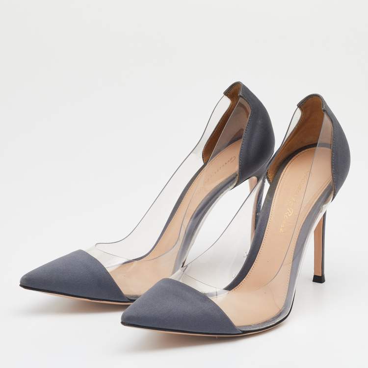 Pre Owned Gianvito Rossi Dark Grey Satin And PVC Plexi Pointed Toe Pumps Size 37.5