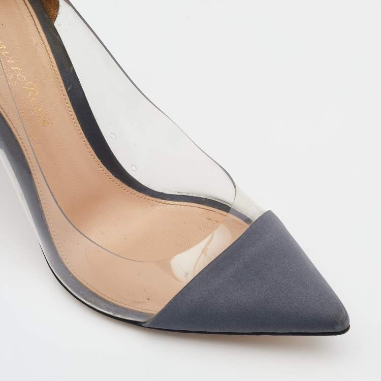 Pre Owned Gianvito Rossi Dark Grey Satin And PVC Plexi Pointed Toe Pumps Size 37.5