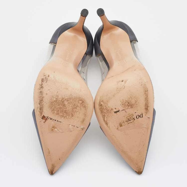 Pre Owned Gianvito Rossi Dark Grey Satin And PVC Plexi Pointed Toe Pumps Size 37.5