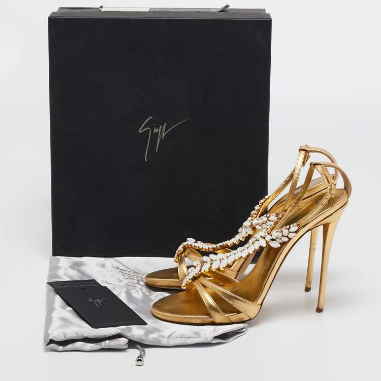Pre Owned Gianvito Rossi Gold Leather Embellished Ankle Strap Sandals Size 40