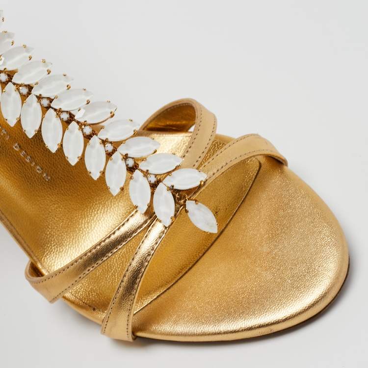 Pre Owned Gianvito Rossi Gold Leather Embellished Ankle Strap Sandals Size 40