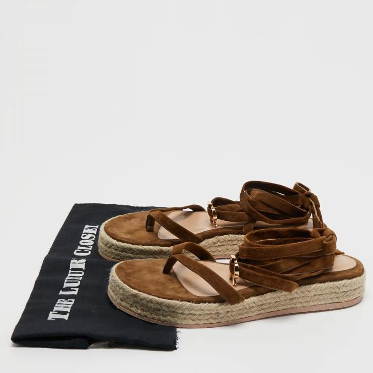 Pre Owned Gianvito Rossi Brown Suede Ankle Wrap Sandal Size 38.5