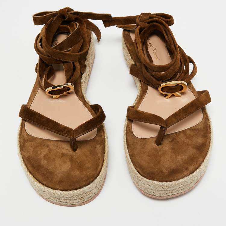 Pre Owned Gianvito Rossi Brown Suede Ankle Wrap Sandal Size 38.5