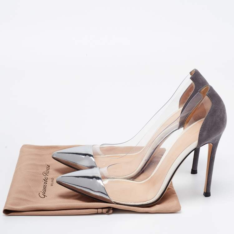 Pre Owned Gianvito Rossi Metallic/Grey Leather, Suede and PVC Plexi Pumps Size 37.5