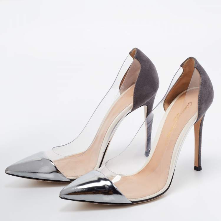 Pre Owned Gianvito Rossi Metallic/Grey Leather, Suede and PVC Plexi Pumps Size 37.5