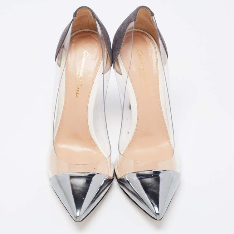 Pre Owned Gianvito Rossi Metallic/Grey Leather, Suede and PVC Plexi Pumps Size 37.5