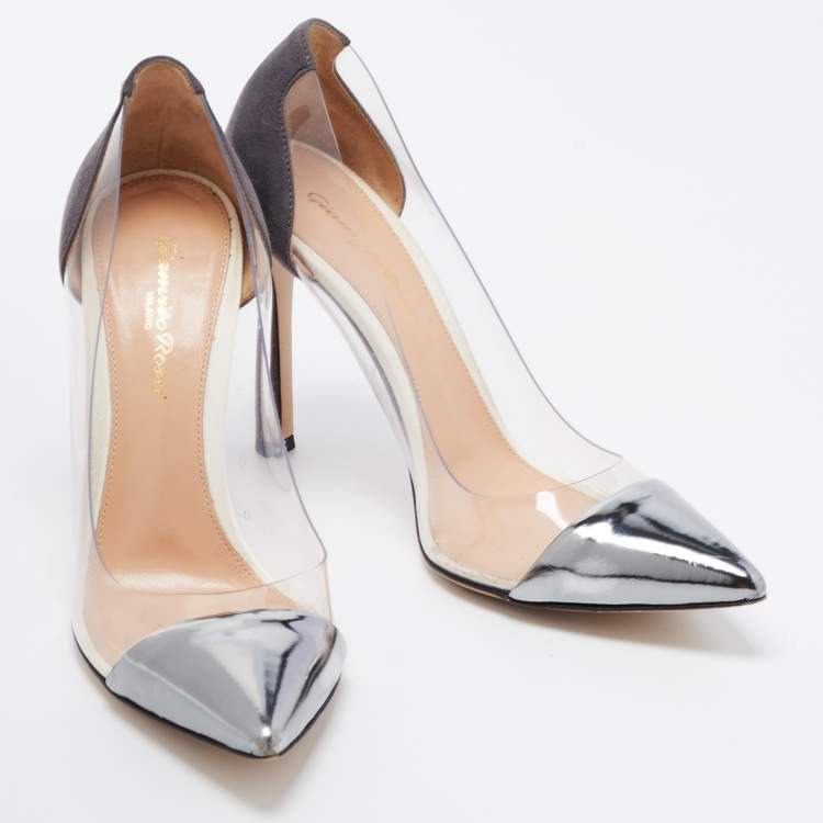 Pre Owned Gianvito Rossi Metallic/Grey Leather, Suede and PVC Plexi Pumps Size 37.5