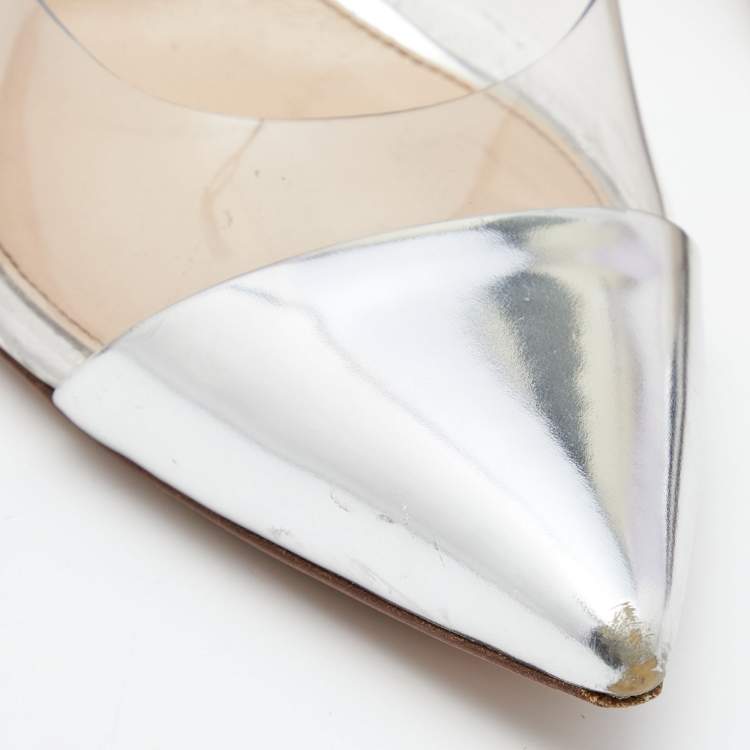Pre Owned Gianvito Rossi Silver Leather and PVC Slingback Pumps Size 40