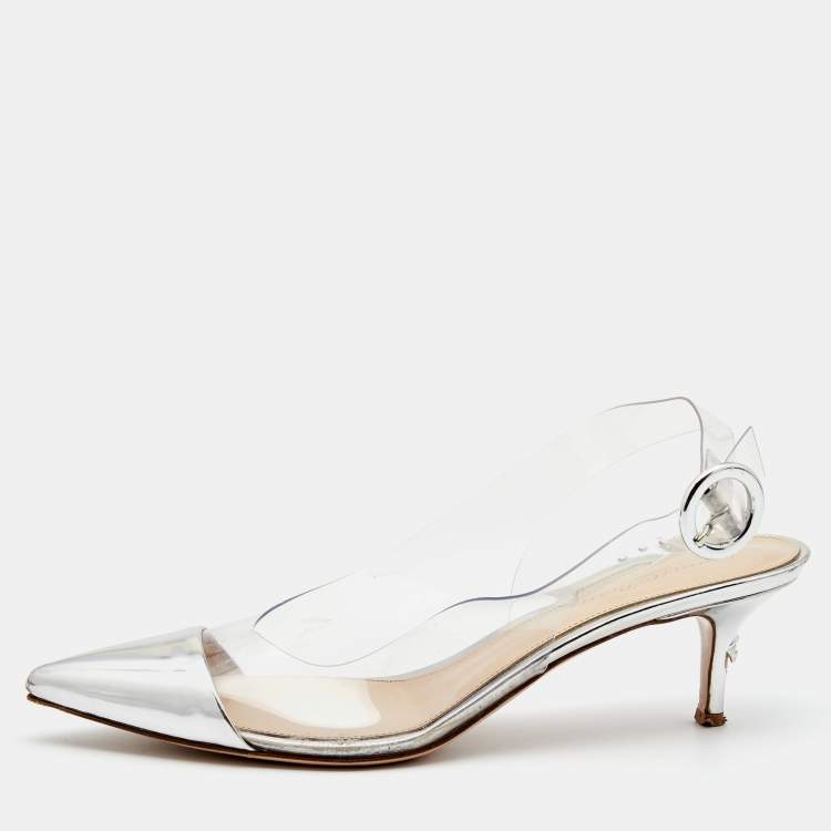 Pre Owned Gianvito Rossi Silver Leather and PVC Slingback Pumps Size 40