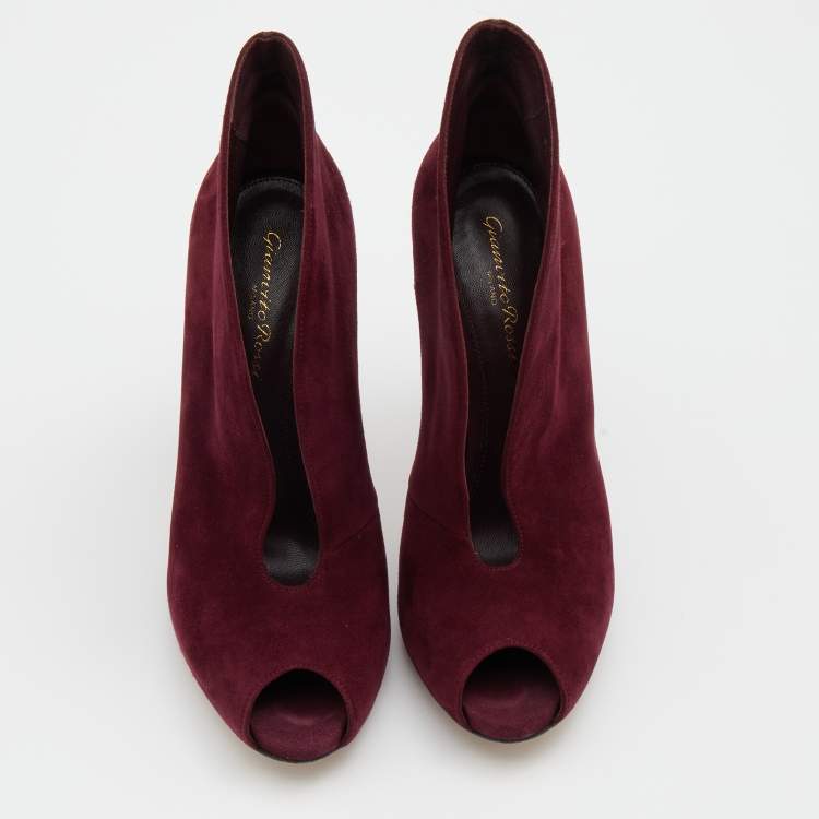 Pre Owned Gianvito Rossi Burgundy Suede Vamp Platform Booties Size 37.5