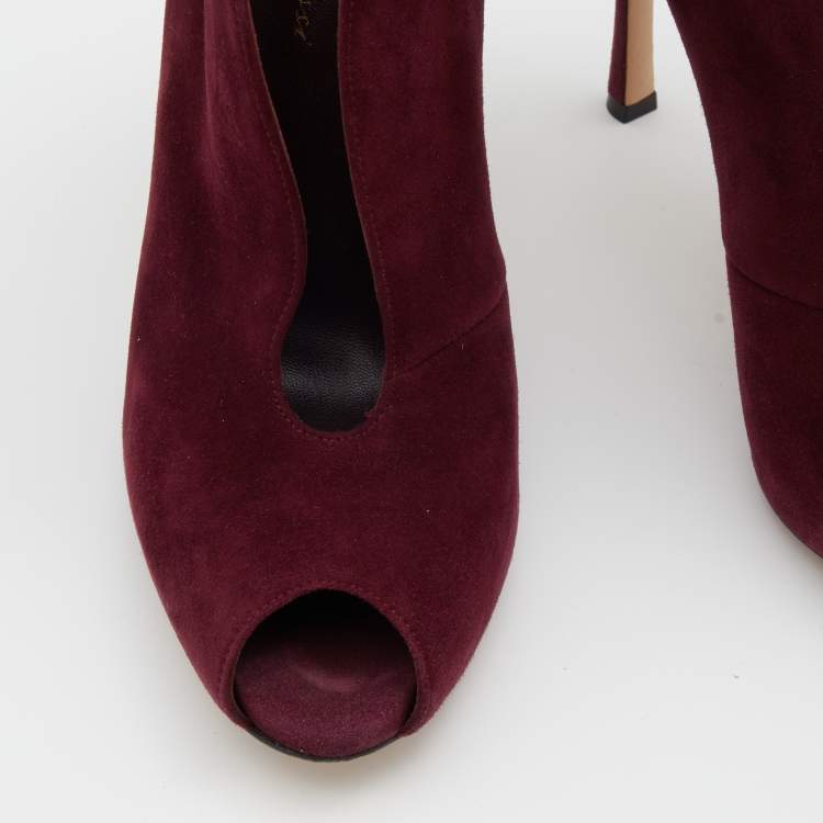Pre Owned Gianvito Rossi Burgundy Suede Vamp Platform Booties Size 37.5