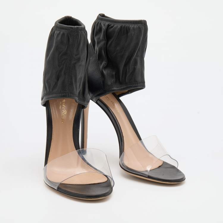 Pre Owned Gianvito Rossi Black Leather and PVC Ankle Cuff Sandals Size 37.5