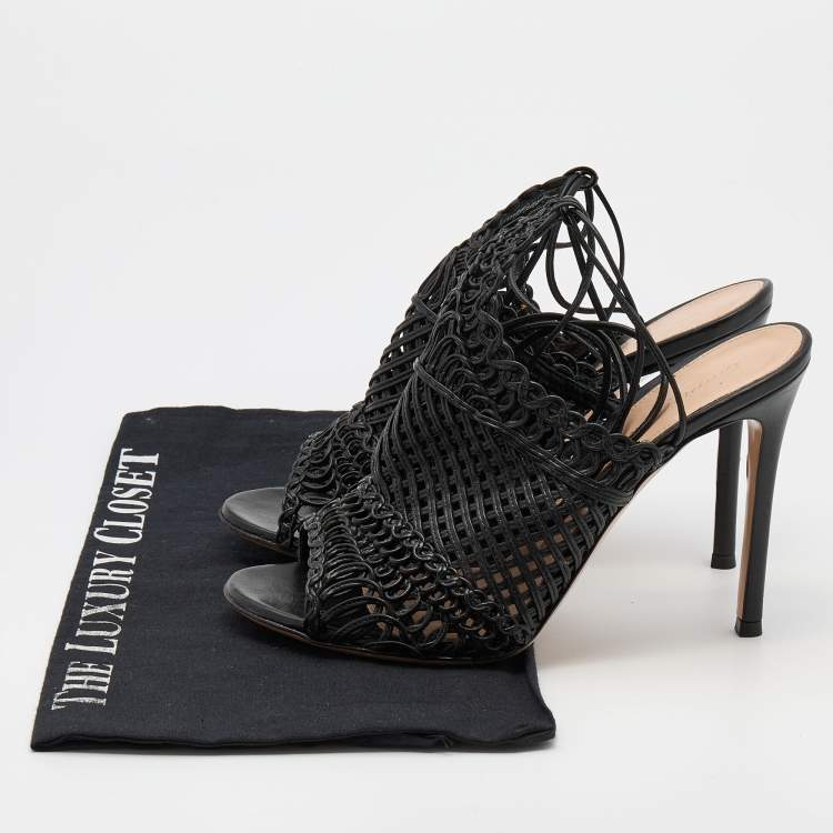 Pre Owned Gianvito Rossi Black Woven Leather Ankle Tie Sandals Size 38