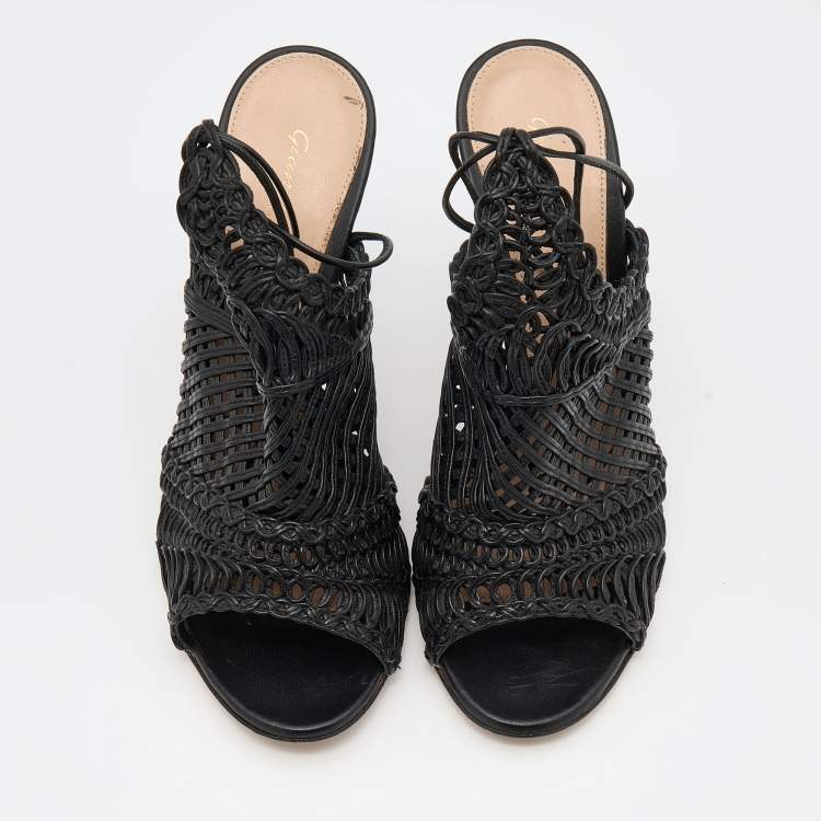 Pre Owned Gianvito Rossi Black Woven Leather Ankle Tie Sandals Size 38