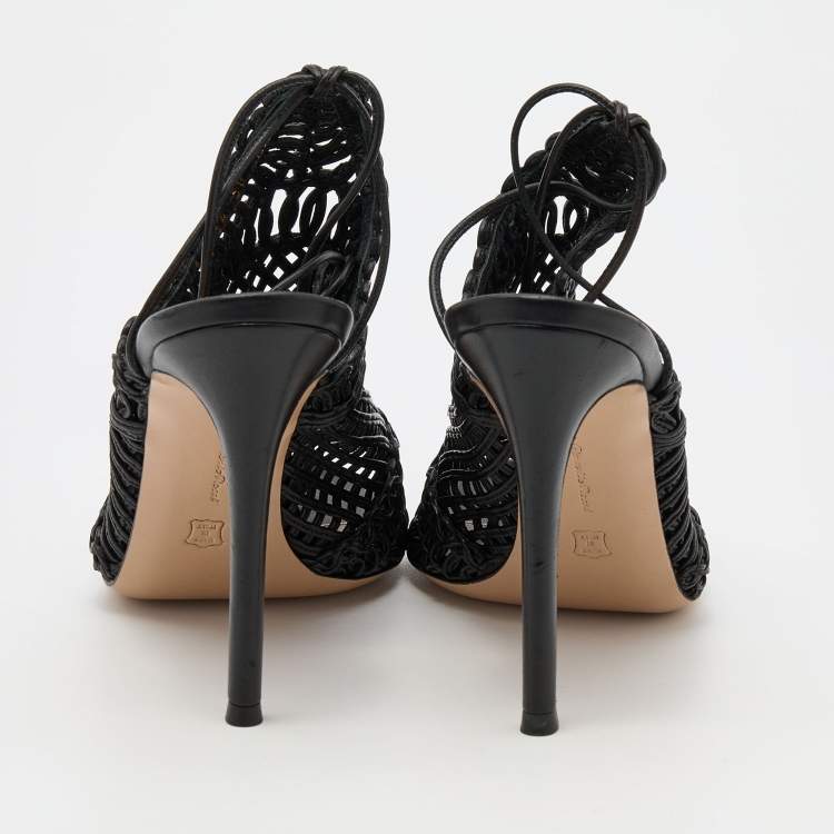 Pre Owned Gianvito Rossi Black Woven Leather Ankle Tie Sandals Size 38