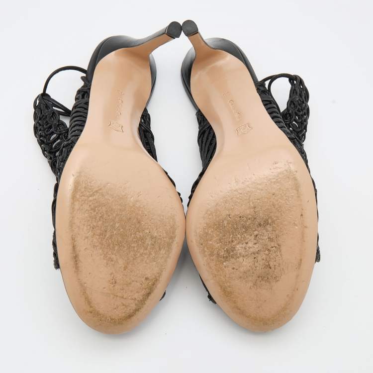 Pre Owned Gianvito Rossi Black Woven Leather Ankle Tie Sandals Size 38