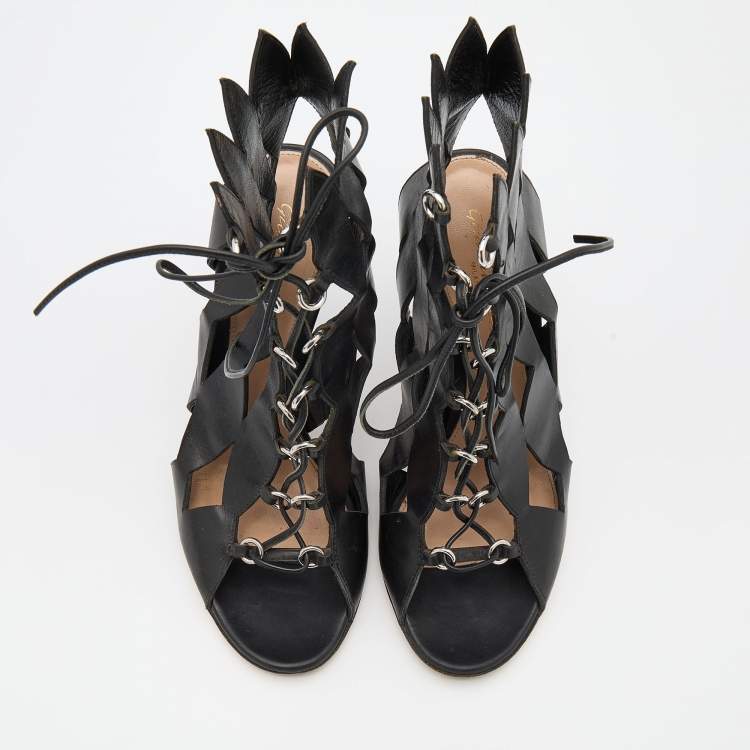 Pre Owned Gianvito Rossi Black Cutout Leather Lace Up Ankle Booties Size 37