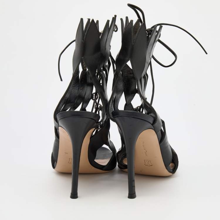Pre Owned Gianvito Rossi Black Cutout Leather Lace Up Ankle Booties Size 37