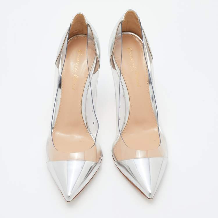 Pre Owned Gianvito Rossi Silver Leather and PVC Plexi Pumps Size 37.5