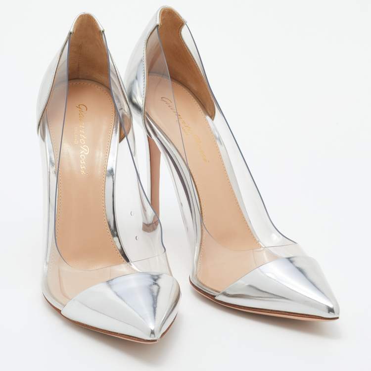 Pre Owned Gianvito Rossi Silver Leather and PVC Plexi Pumps Size 37.5