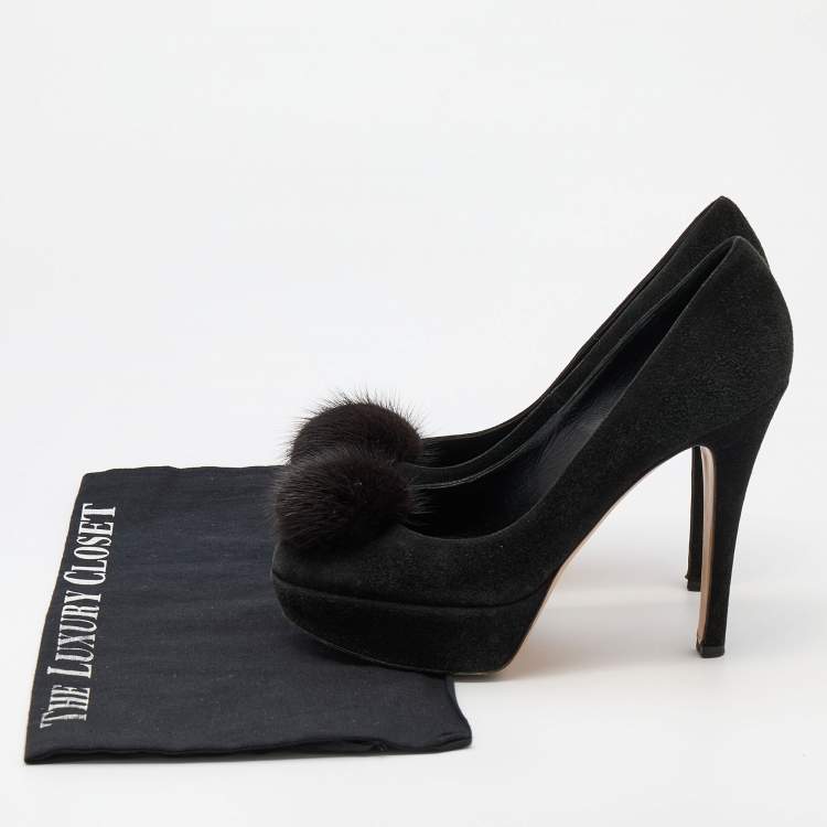Pre Owned Gianvito Rossi Black Suede and Mink Fur Platform Pumps Size 37